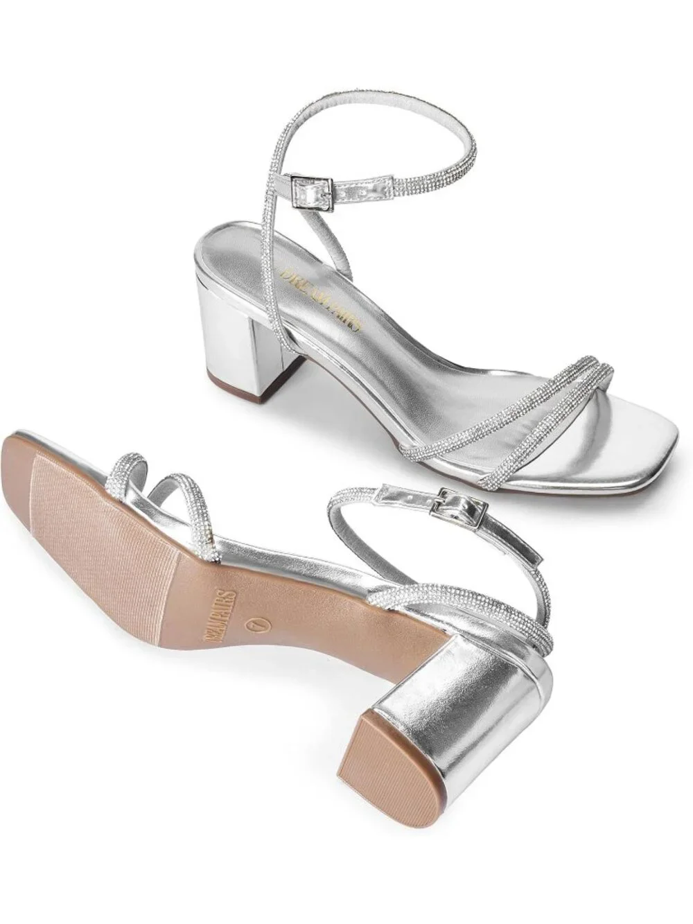 Women's Silver Faux Leather Square-Toe Chunky Block Ankle Buckle Heeled Sandals